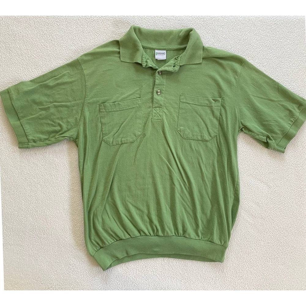 Haband Mens Large Banded Polo Shirt Green Short Sleeve Dual Pocket Cotton Retro